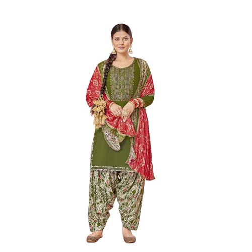 Ensemble Patiala vert en viscose avec broderie et dupatta Bandhej