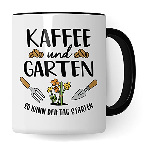 Garten Tasse, Kaffee & Garten - So kann der Tag starten, Geschenk Garten-Motiv Kaffeetasse Kaffee-Tasse Hobby-G&auml;rtner Hobby-G&auml;rtnerin, Pflanzen-Motiv Kaffee-Liebhaber Geschenkidee Kaffeebecher schwarz