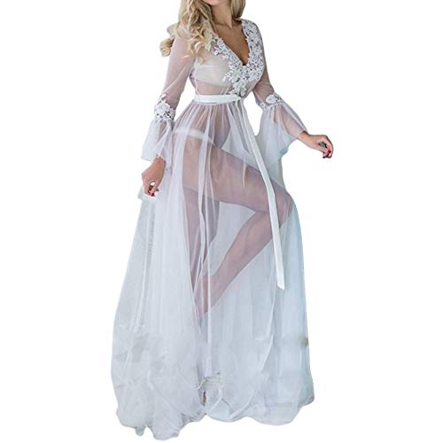 Damen Nachthemd mit langen Ärmeln, Spitze, Nachtwäsche, V-Ausschnitt, durchsichtig, sexy Gr. 46, weiß Cover