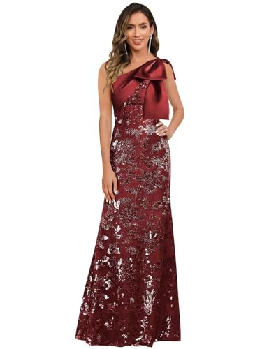 Sequin Mother of The Bride Dresses for Women One Shoulder Lace Mermaid Long Evening Formal Gowns with Bow