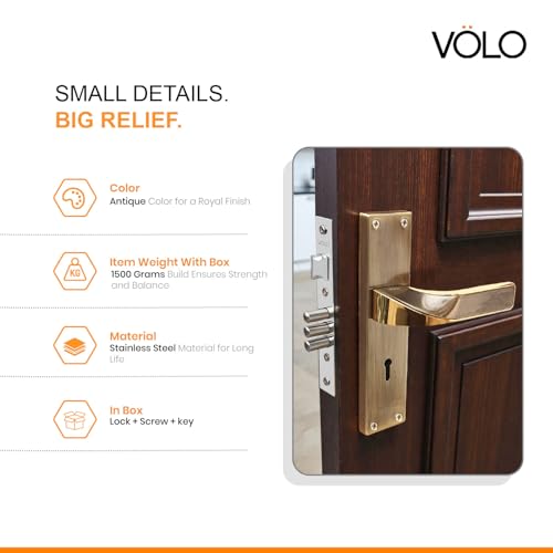 Image of VOLO Stainless Steel Mortise Lock | 8 Inch Lock Body | Main Door Handle Set with Keys | Wooden Door Lockset | Hotel Office Home Door Lock | 3 Keys | 10 Year Lock Body Warranty (Antique | KY)