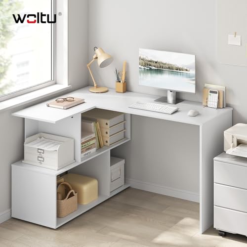 Table d'ordinateur en L WOLTU avec étagères ouvertes bureau d'angle blanc gain de place moderne