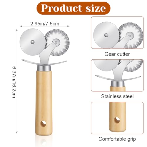 Sibba Double Wheel Fluted Pastry Cutter Roller Ravioli Pasta Crinkle Pizza Cutters Crimper Wheel with Wooden Handle for Dumpling Lace Dough Noodle Cookie, Food Cutting Tool for Home and Kitchen Use - Thumbnail 2