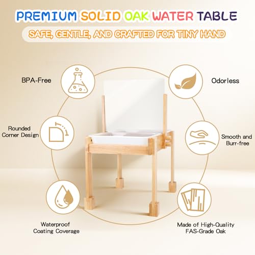 Image of Sand and Water Table for Toddlers, Wooden Activity Sensory Table | Kid Outdoor Toys with Painting PS Board, 2 Collapsible Bins, Beach Accessories, 4 Washable Paint Crayons and Waterproof Cover