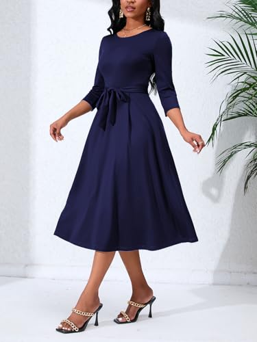 Image of PerZeal Women's Caual Midi Dress 3 /4 Sleeve Crewneck A-line Swing Dress for Women with Belt for Wedding Guest & Cocktail Party Navy Medium