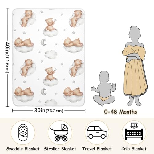 Image of vvfelixl Baby Blanket Teddy Bears Clouds Cotton Blanket for Infants, Toddler, Boys, Girls, Lightweight Swaddle Blanket for Crib, Stroller, Nursery Blankets, Good Night, 30x40 in