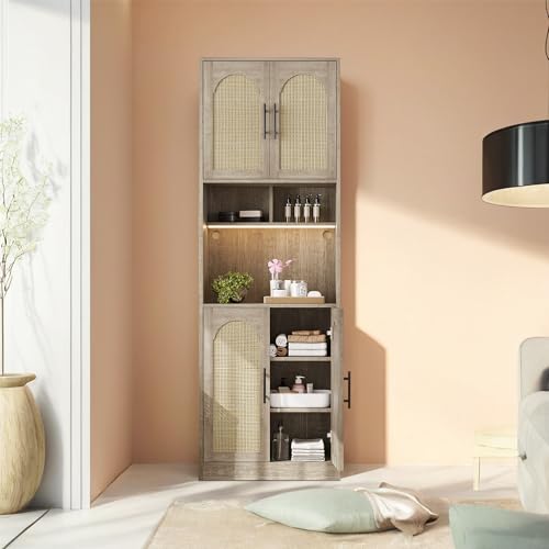 Image of IDEALHOUSE 71 inch Tall Pantry Cabinet with Countertop & LED Light Strip - Kitchen Storage Cabinet with Microwave Shelf & Adjustable Shelves, Farmhouse Kitchen Hutch for Dining Room, Oak