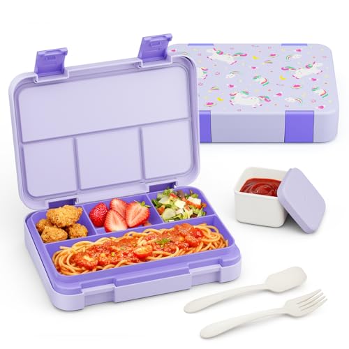 Sxueg Bento Lunch Box for Kids, 4 Compartments Kids Leak Proof Back to School Bento Lunch Boxes Food Containers for School, Travel, On-the-Go Meal, Food Grade, Microwave, Dishwasher Safe