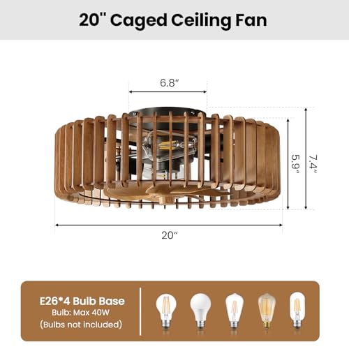 Image of 20 inch Farmhouse Wooden Caged Flush Mount Ceiling Fan with Lights, DC Motor, 6 Speeds Remote Control, Low Profile Bladeless Fandelier for Bedroom, Kitchen, Living Room