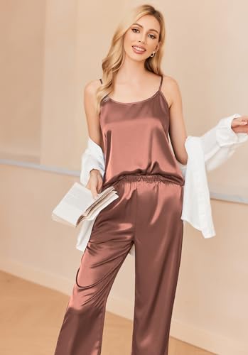 Image of Ekouaer Silk Pajamas for Women Set Tank Top Pj Sets 2 Piece Lounge Set | Satin Womens Pajama Sets Sexy Sleeveless Loungewear Long Pants Sleepwear Soft Cami Pjs Sets with Pocket S-XXL