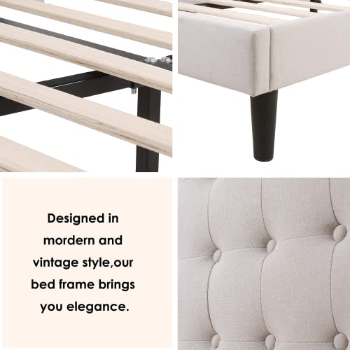 Hifit Queen Bed Frame, Button Tufted Upholstered Platform With Adjustable Headboard, Mattress Foundation With Sturdy Frame, No Box Spring Needed, Easy Assembly, Beige #TOP3