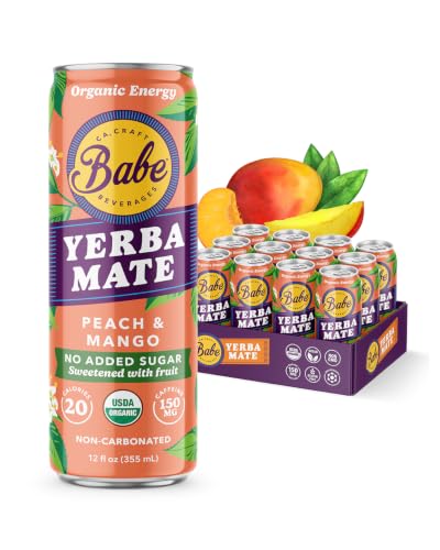 Babe Organic Yerba Mate Energy Drinks | NO ADDED SUGAR | 150mg Plant-Based Caffeine | Natural Yerba Mate Tea with No Crash, No Jitters - Peach Mango NO ADDED SUGAR (12 x 12oz cans)