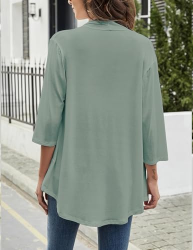Image of Yekaty Women Cardigan 3 /4 Sleeves Open Front Lightweight Cardigan Draped Ruffles Knit Cardigan