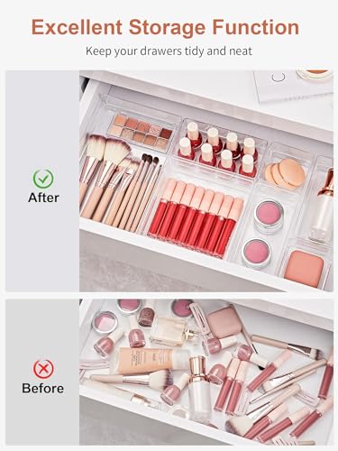 Image of mechdel Desk Drawer Organizer /Trays /Bathroom Drawer Tray /Dividers Plastic Vanity Organizers /Storage Bins For Makeup Cosmetics /Kitchen /Office Drawer /earring organiser (Drawer Organiser - 7PCS)