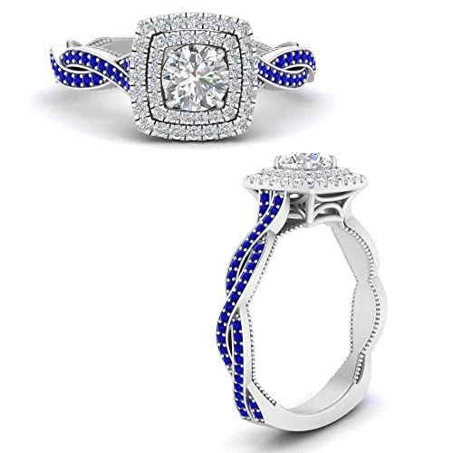Image of Choose Your Gemstone Double Halo Twisted Shank Engagement Ring 925 Sterling Silver Round Shape Double Halo Engagement Ring Lightweight Office Wear Everyday Gift Jewelry US Size 4 to 12