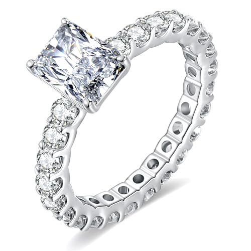 MDFUN 18K White Gold Engagement Ring for Women Radiant Cut Cubic Zirconia Wedding Promise Rings for Her