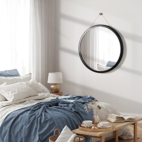 Honiway Round Mirror Black 24 inch with Bevel Wood Frame Large Circle Mirror Hanging Mirror Round Bathroom Mirror Circular Wall Mirror for Living Room Bedroom Entryway - Image 8