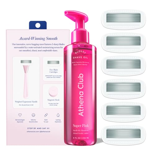 Athena Club Women’s Razor Shave Kit, 5-Blade Cartridge Razor for Sensitive Skin, Serum-Infused Blades with Shea Butter and Hyaluronic Acid, Includes