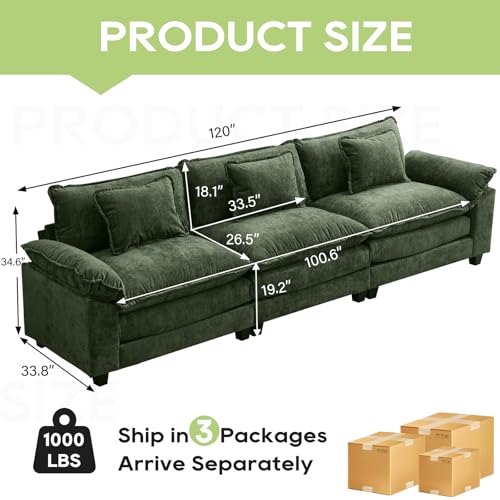 Image of Oprisen 120 inch Modular Sectional Sofa, Comfy Cloud Couch Sectional, Chenille Sofa Sleeper Deep Seat Sofa with Throw Pillows for Living Room (Green, 120 inch- 3 Seater)