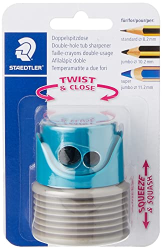 STAEDTLER Doppelspitzdose mit Faltbalg, zwei Spitzlöcher für unterschiedliche Stiftformate, Blisterkarte mit 1 Spitzer petrol/ grau, 513007BK-2