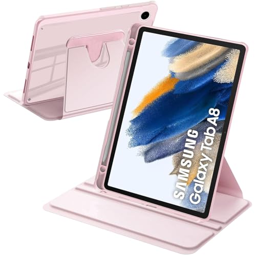 A-BEAUTY Funda Giratoria Compatible con Samsung Galaxy Tab A8 10.5 Pulgadas (SM-X200/X205/X207) con Soporte S Pen, Rotación de 360° Respaldo Clara, Auto-Sueño/Estela, Rosa