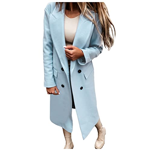Hemlock Women Double Breasted Trench Jacket Long Wool Coats Lapel Open Front Cardigans Long Overcoar Outwear Light Blue