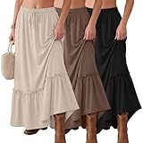Ficerd Pack de 3 Faldas Maxi Boho para Mujer, Falda Larga de Capas con Volantes, Cintura Alta con Cordón, Vestido Casual con Bolsillos(Negro, Caqui, Albaricoque,L)