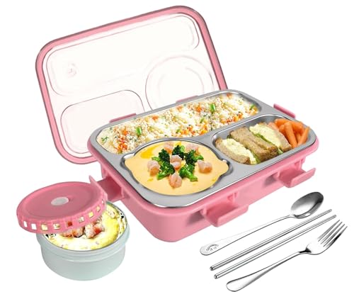 Image of Storescent Lunch Box 3 Compartment Leak-Proof BPA Free Stainless Steel, Lunch Box for Kids, Lunch Box for School & Office with a Fork, a Spoon and a Pair of Chopsticks, 750 ml (Pink)