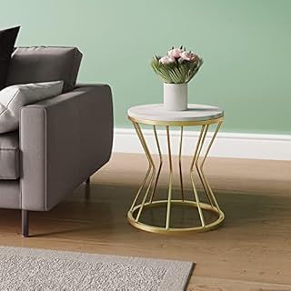 Hallowood Furniture Burton Golden Metal Round Coffee Table with Marble Top for Living Room  Side Table with Power Coated Metal Frame for Bedroom  Sofa Side Magazine Table Bedside Coffee Tables