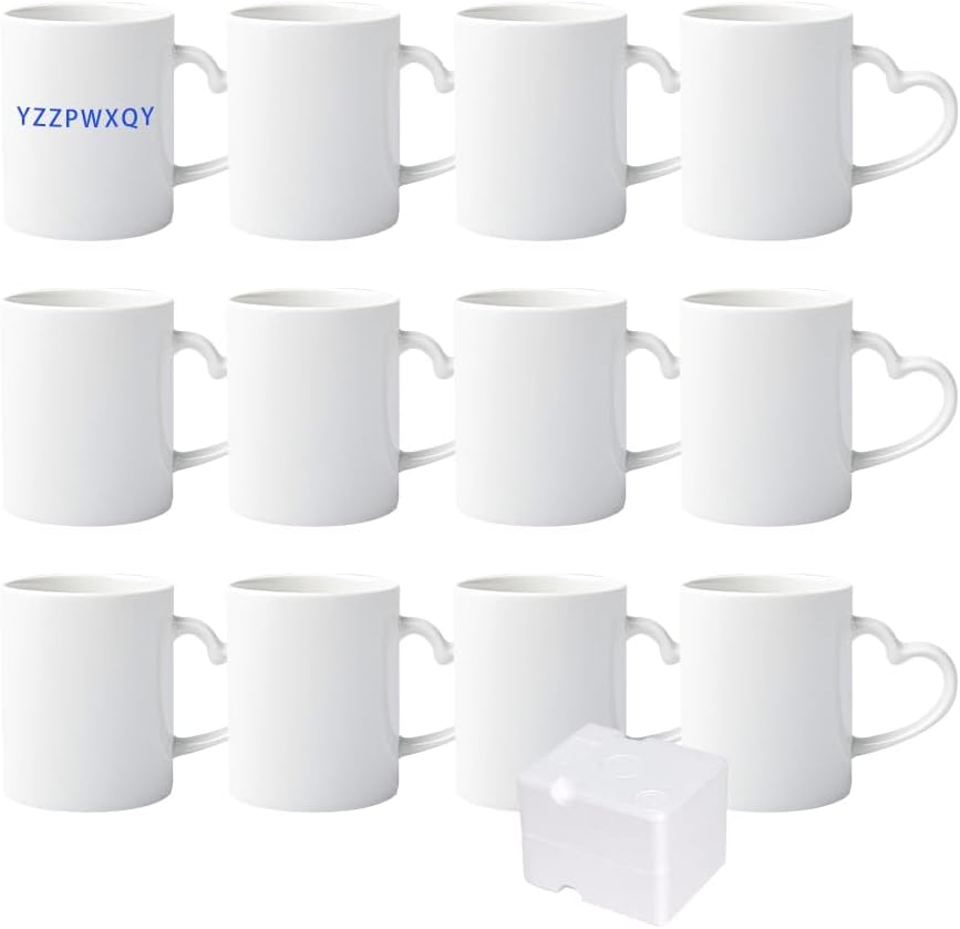 Set of 12 Sublimation Blanks White Ceramic Coffee Mugs 11oz Blank Ceramic Classic Drinking Cup Mug with Heart Handle For Milk Tea Cola Water