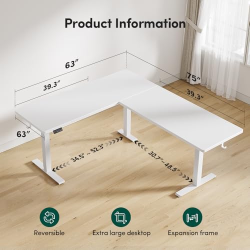 Image of FEZIBO 75x63 L Shaped Standing Desk, Electric Height Adjustable L Shaped Desk, Suitable for Home Office, White