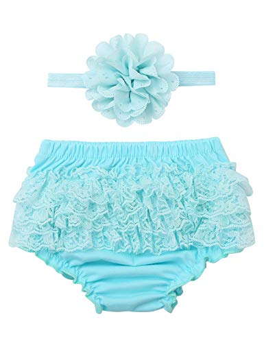 Venjoe Baby Newborn Girls Ruffled Lace Bloomers Shorts Nappy Covers and Headband for Photography Props Shoots Costumes Sky Blue 3-6 Months