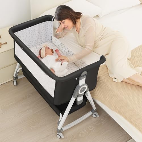 Baby Bassinet, Bedside Bassinet for Baby, 4 in 1 Bassinet Bedside Sleeper with Locked Wheels, Mosquito Net, Adjustable Easy Folding Portable Crib for Infant Newborn, Dark Grey