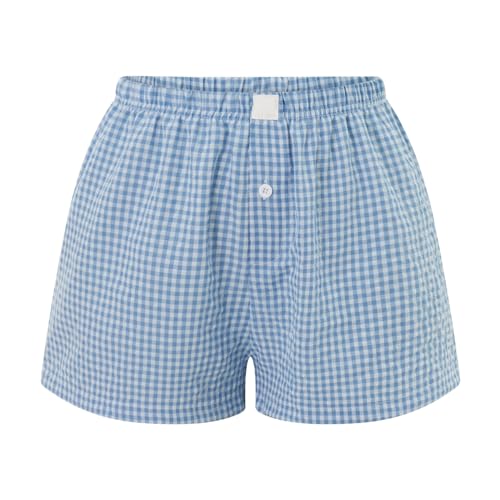 Image of Yuemengxuan Y2k Plaid Shorts Baggy Boxer Shorts for Women Elastic Waist Casual Lounge Bottom Gingham Pajama Shorts Sleepwear