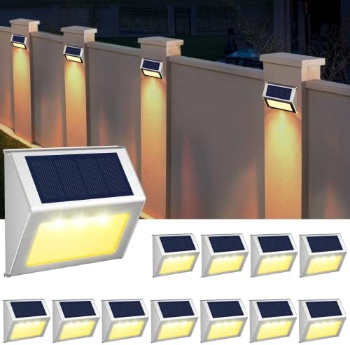 JSOT Solar Fence Lights Outdoor,12 Pack Waterproof Solar Deck Lights Stainless Steel Step Stairs Patio Post Wall Garden Pathway Walkway LED Lamp Light [Warm Light]