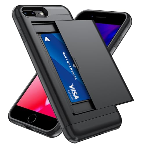 Qinmay Compatible with iPhone 7 Plus/8 Plus Case with Card Holder Dual Layer Shockproof Heavy Duty Protective Hidden Slot Slim Wallet Phone CoverBlack