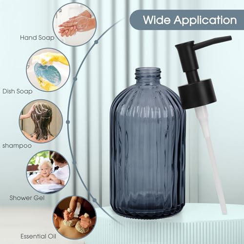 2 Pack Stripe Glass Soap Dispenser with Black Plastic Pump, 400ml Liquid Hand Soap Dispenser, Rustproof Pump for Kitchen & Bathroom, Great for Lotions, Essential Oil, Liquid Soaps- (Grayish Blue) by Topsky - Image 7