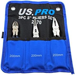 US PRO 8" 200mm 3pc Plier Set, Side Cutter, Long Nose, Combination Pliers 2070