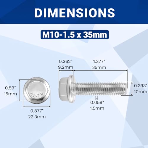 Image of M10-1.5 x 35mm Serrated Flange Hex Bolts + Flange Nut + Flat Washer + Lock Washer Combo Pack, 304 Stainless Steel 18-8, for Automotive & Machinery, 10 Sets
