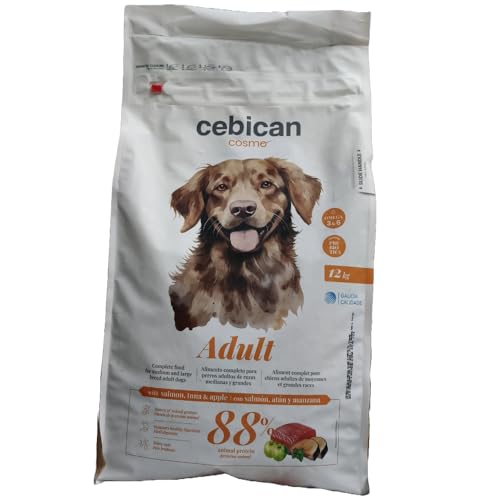 Pienso para Perros Adultos Sabor Salmon, atún y Manzana 12kg - Cebican. Alimento Completo para Perros Adultos de Razas Medianas y Grandes. Dieta equilibrada. Rico en proteinas