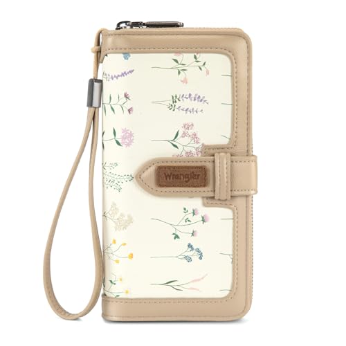 X Wrangler Floral Wallet Women Wristlet Wallets, Card Cases & Money Organizers Large Capacity Phone Wallet Ladies Female RFID Blocking Clutch Wallets Apricot with ID Window