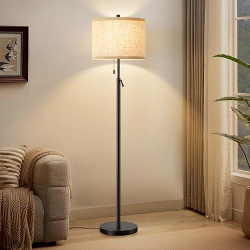 GyroVu Black Floor Lamp, Height Adjustable Standing Lamp Tall Lamp with Fabric Lampshade&Pull Chain Corner Floor Lamps for Living Room, Bedroom & Office Bulbs Not Included(Black Base)