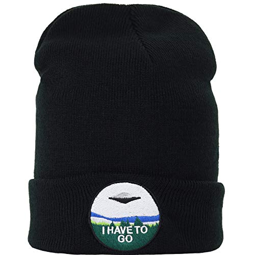 Bonnet tricoté avec UFO I Have to Go Hommes Femmes Techno Style Streetwear Bonnet d'hiver X-Files Bonnet en laine Alien Fans Bonnet roulé Techno Electrique Clubbing Bonnet, Noir , taille unique Cover