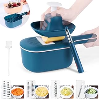 Mandoline Slicer for Kitchen- Uamector Handheld Style Veggie Slicer Grater - BPA Free Multipurpose Potato Vegetable Cutter with Container and Drain Basket Comes with Multi Blades, Brush, Peeler