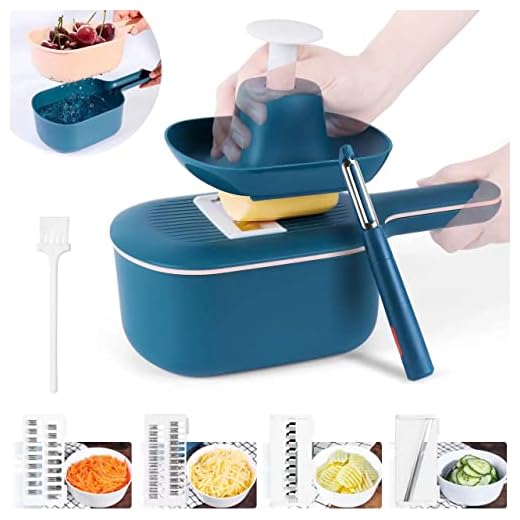 Mandoline Slicer for Kitchen- Uamector Handheld Vegetable Slicer Grater - BPA Free Multipurpose Potato Veggie Cutter Food Chopper with Container N Drain Basket, Multi Blades, Brush, Peeler