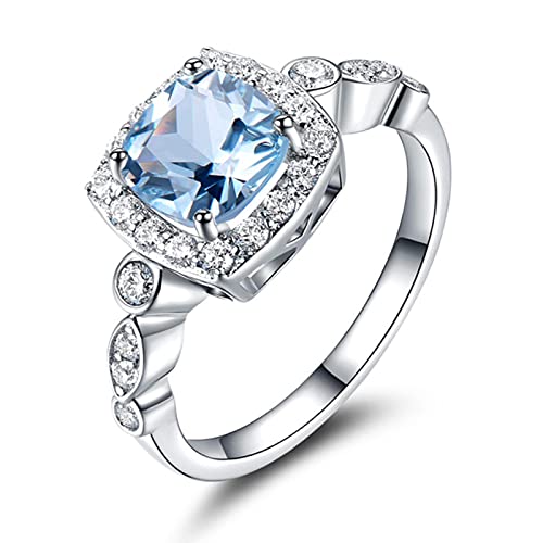 HCMA 925 bagues en Argent Sterling pour Femmes Topaze Bleue Vraie Pierre précieuse Aigue-Marine Coussin Romantique Classique Cadeau fiançailles Bijoux Fins