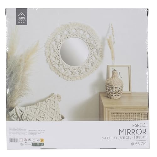 HOME DECO FACTORY, HD0216, lustro ścienne śr. 55 cm w stylu boho chic, idealne do salonu lub sypialni, łączące elegancję i funkcjonalność, łatwe w montażu, kolor beżowy