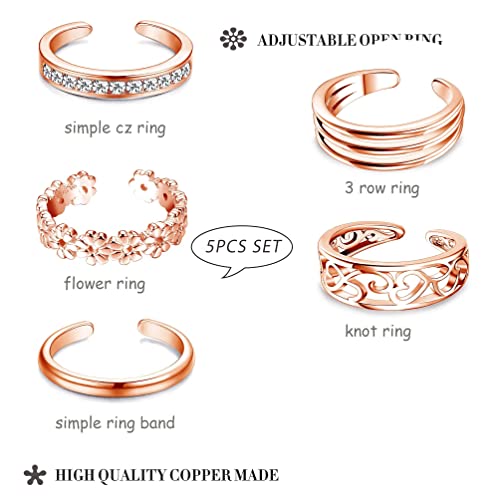 Funrun Jewelry 5Pcs Adjustable Toe Ring For Women Girls Open Tail Ring Band Hawaiian Foot Jewelry Rose Gold Tone #TOP3