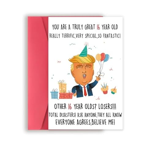 Missonemi Funny Trump 16th Birthday Card for Him Her, Humorous Donald 16th Birthday Card Gift for Son Daughter, 16 Year Old Birthday Decoration for Niece Nephew Cover