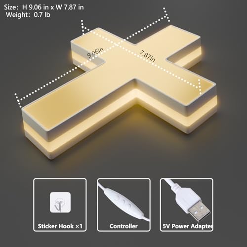 Image of 3D LED Neon Cross Sign, USB-Powered Custom Neon Light with 5-Level Dimmer, 5 Color Options, Decorative Wall Art for Home, Bedroom, Church, Party, and Gifts (9x8 in) (Warm Yellow)